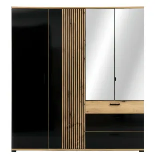 Dulap Aris, 4 Usi + 3 Sertare - AS11, 187.5x54.5x205.5 cm, Stejar Evoke/Negru Lucios