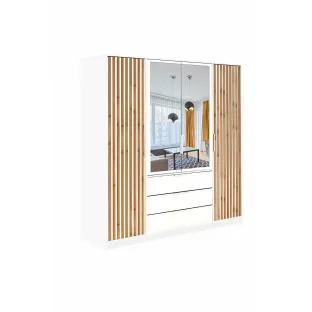 Dulap Bali Lux D4, 4 Usi + 3 Sertare,  196x57.5x200 cm, STEJAR WOTAN/ALB