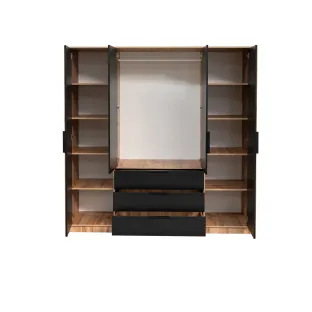 Dulap Bali Lux D4, 4 Usi + 3 Sertare,  196x57.5x200 cm, STEJAR WOTAN/NEGRU
