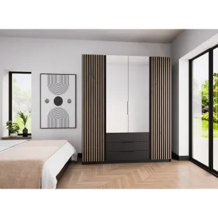 Dulap KAJA 4 Usi + 3 Sertare, BL/BL-EV 2LAM 2 LUSTRO 3S, 200x61.9x239 cm, Negru/Stejar Evoke