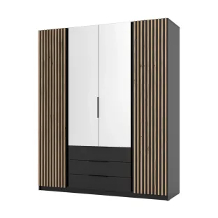 Dulap KAJA 4 Usi + 3 Sertare, BL/BL-EV 2LAM 2 LUSTRO 3S, 200x61.9x239 cm, Negru/Stejar Evoke