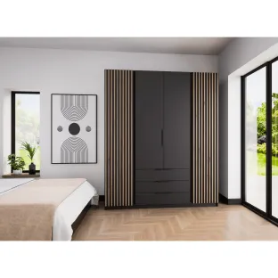 Dulap KAJA 4 Usi + 3 Sertare, BL/BL-EV 2LAM 2F 3S, 200x61.9x239 cm, Negru/Stejar Evoke