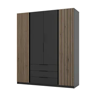 Dulap KAJA 4 Usi + 3 Sertare, BL/BL-EV 2LAM 2F 3S, 200x61.9x239 cm, Negru/Stejar Evoke