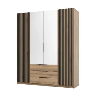 Dulap KAJA 4 Usi + 3 Sertare - EV/EV-BL 2LAM 2 LUSTRO 3S , 200x61.9x239 cm, Stejar Evoke/Stejar Evoke si Negru