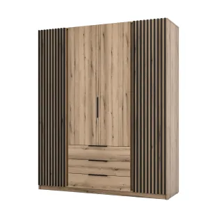 Dulap KAJA 4 Usi + 3 Sertare - EV/EV-BL 2LAM 2F 3S, 200x61.9x239 cm, Stejar Evoke/Stejar Evoke si Negru