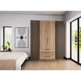 Dulap KAJA 4 Usi + 3 Sertare - EV/EV-BL 2LAM 2F 3S, 200x61.9x239 cm, Stejar Evoke/Stejar Evoke si Negru