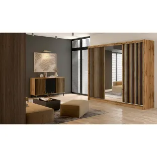 Dulap Usi Culisante London 250L, 250x60x215 cm, Stejar Wotan/Oglinda/Negru