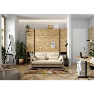 Lenart BED CONCEPT - Ansamblu Pat rabatabil de perete vertical cu mecanism pneumatic 160x200 +2 dulapuri si Canapea, Stejar Artisan