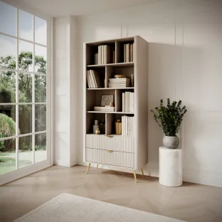 Regal Lante Cu Polite si 2 Sertare, 88.2x38x193.8 cm, MDF, Beige