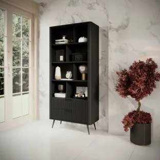 Regal Lante Cu Polite si 2 Sertare, 88.2x38x193.8 cm, MDF, Negru