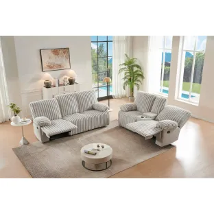 Set Canapele cu Recliner Siete 3RR + 2RR + Sistem Audio si Suport Pahare, Stofa Raiata, Beige