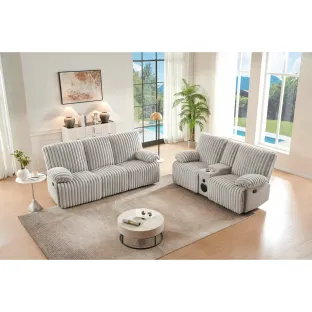 Set Canapele cu Recliner Siete 3RR + 2RR + Sistem Audio si Suport Pahare, Stofa Raiata, Beige