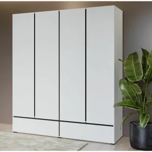 Set Dormitor Cross, Dulap 4 Usi si 2 Sertare 180x60x210 h cm, Pat 160x200 cm, 2 noptiere - 55x40x40 cm, Pal Laminat, Alb/Negru