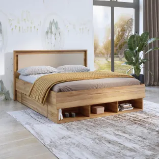 Set Dormitor Impressio B, Dulap 2 Usi Glisante si 2 Sertare 209x63x219 cm, Pat Cu Sertare 160x200 cm, 2 noptiere - 46x41x45 cm, Pal Laminat, Stejar Mauvella/Congo