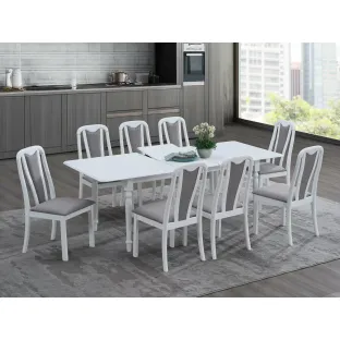 Set Masa Extensibila Clover, 160-200x90x76 h cm + 8 Scaune Capri, Lemn/MDF, Alb