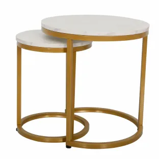 Set Masute de Cafea Nestin, Ø45x48 cm + Ø32x42 cm, Metal/MDF, Auriu/Alb Marmura