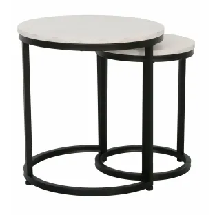 Set Masute de Cafea Nestin, Ø45x48 cm + Ø32x42 cm, Metal/MDF, Negru/Alb Marmura