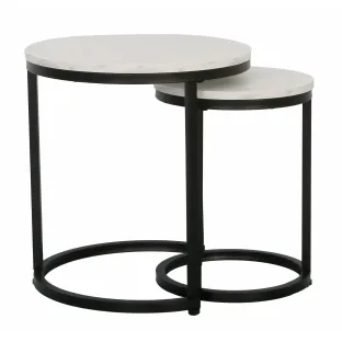 Set Masute de Cafea Nestin, Ø45x48 cm + Ø32x42 cm, Metal/MDF, Negru/Alb Marmura