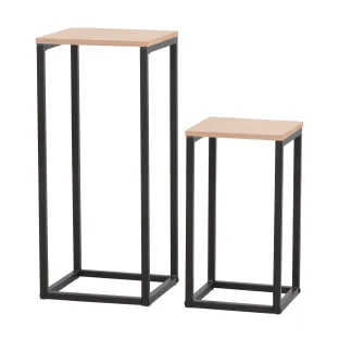 Set Masute Pentru Flori Tide, 26x26x60 cm  + 22x22x 40 cm, Structura Metalica,  Negru/Stejar