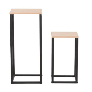 Set Masute Pentru Flori Tide, 26x26x60 cm  + 22x22x 40 cm, Structura Metalica,  Negru/Stejar