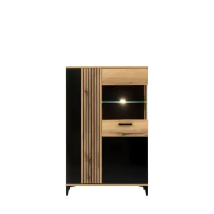 Vitrina Aris AS6, 88.5x39x139 cm, Stejar Evoke/Negru Lucios