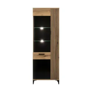 Vitrina Aris AS7, 67.5x39x194 cm, Stejar Evoke/Negru Lucios