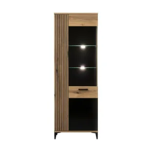 Vitrina Aris AS8, 67.5x39x194 cm, Stejar Evoke/Negru Lucios