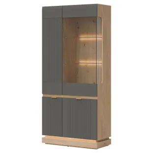 Vitrina Milton ML06, 88.5x40.5x193.5 h cm, Pal Melaminat/MDF, Stejar Cremona/Gri