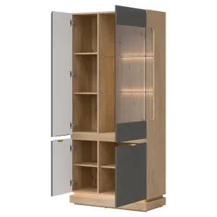 Vitrina Milton ML06, 88.5x40.5x193.5 h cm, Pal Melaminat/MDF, Stejar Cremona/Gri