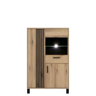 Vitrina Noel NE04, 2 Usi + sertar, 88x39x137 cm, Stejar Evoke/Negru