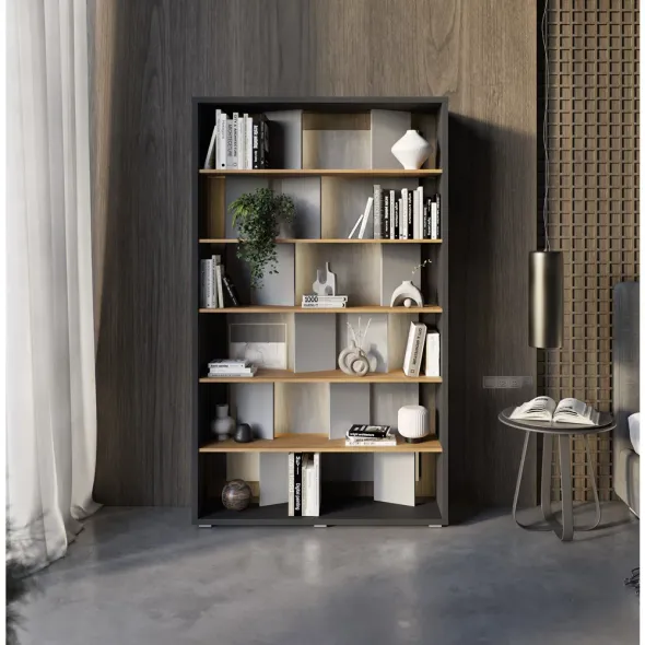 Biblioteca Fitt FP-01, 125x33x210 cm, Pal Melaminat, Grafit/Stejar/Gri Lucios picture - 1