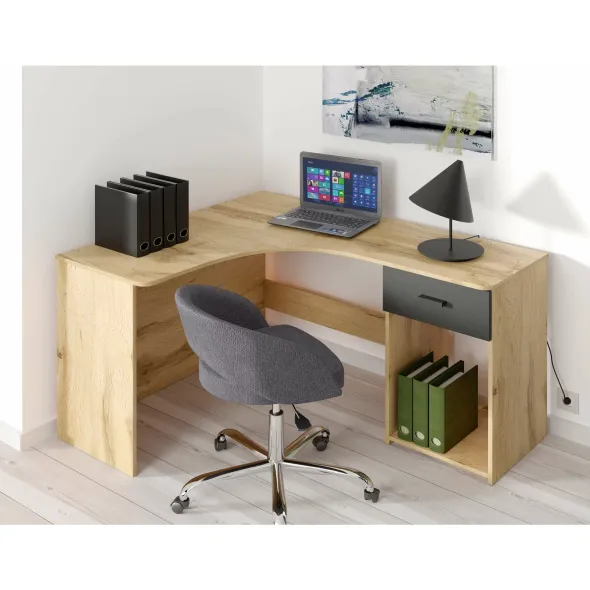 Birou de Colt Corner-24N2LU03, 155x125x75 cm, Stejar Wotan/negru picture - 1