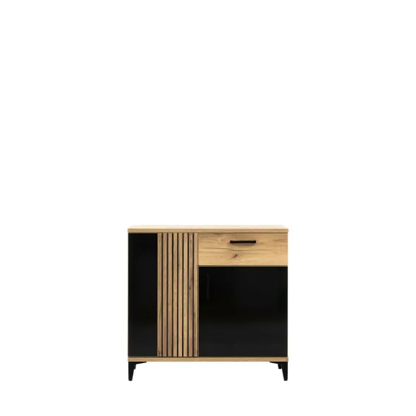 Comoda Aris AS2, 2 Usi + Sertar, 88.5x39x84 cm, Stejar Evoke/Negru Lucios picture - 1