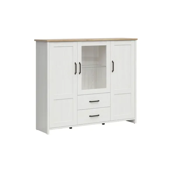 Comoda Loksa, 2 Usi + Usa Sticla + 2 Sertare, 160x43x135 cm, Pal Melaminat, Pin Alb/Stejar Gradson picture - 2