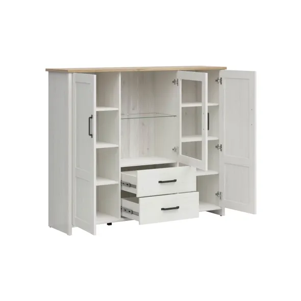 Comoda Loksa, 2 Usi + Usa Sticla + 2 Sertare, 160x43x135 cm, Pal Melaminat, Pin Alb/Stejar Gradson picture - 4