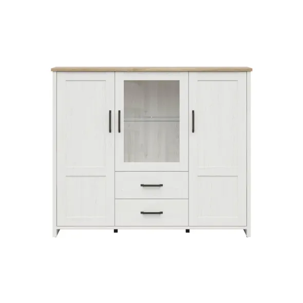 Comoda Loksa, 2 Usi + Usa Sticla + 2 Sertare, 160x43x135 cm, Pal Melaminat, Pin Alb/Stejar Gradson picture - 1