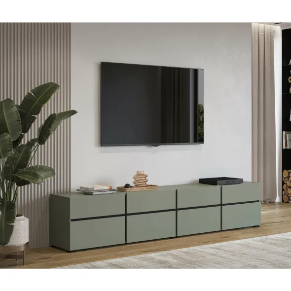 Comoda TV 4 Usi Rabatabile + 4 Sertare, Cross,  225x40x48 cm, Pal Melaminat, Verde Pin picture - 1