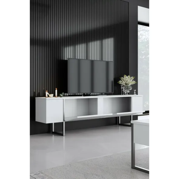 Comoda TV Luxe - 180x30x50 cm, Pal Melaminat, Alb/Argintiu - Kalenda