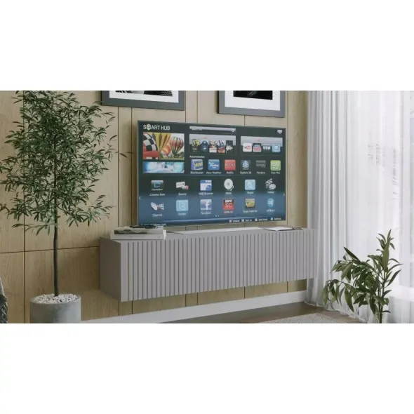 Comoda TV Suspendata Joy, 150x38x35 cm, Pal Melaminat, Front MDF cu Riflaj, Gri Mat picture - 2