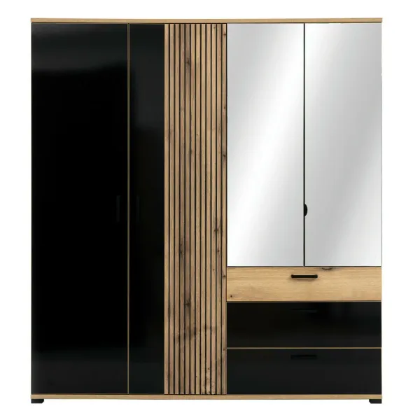 Dulap Aris, 4 Usi + 3 Sertare - AS11, 187.5x54.5x205.5 cm, Stejar Evoke/Negru Lucios picture - 1
