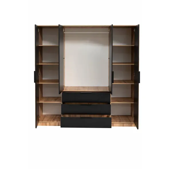 Dulap Bali Lux D4, 4 Usi + 3 Sertare,  196x57.5x200 cm, STEJAR WOTAN/ALB picture - 2