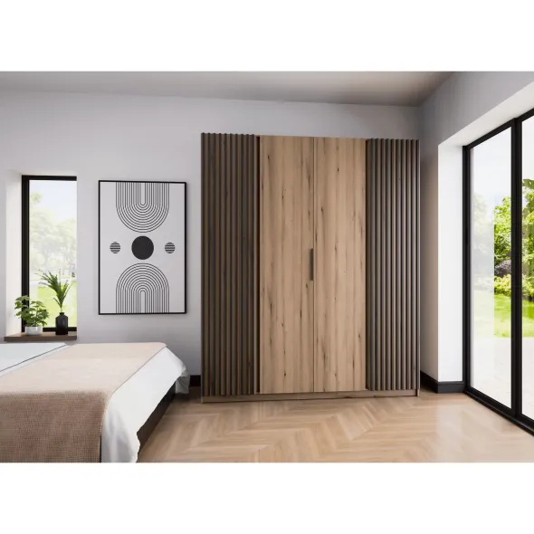 Dulap KAJA 4 Usi - EV/EV-BL 2LAM 2F, 200x61.9x239 cm, Stejar Evoke/Stejar Evoke si Negru picture - 1