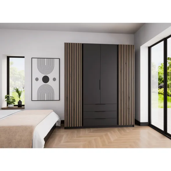Dulap KAJA 4 Usi + 3 Sertare, BL/BL-EV 2LAM 2F 3S, 200x61.9x239 cm, Negru/Stejar Evoke picture - 1