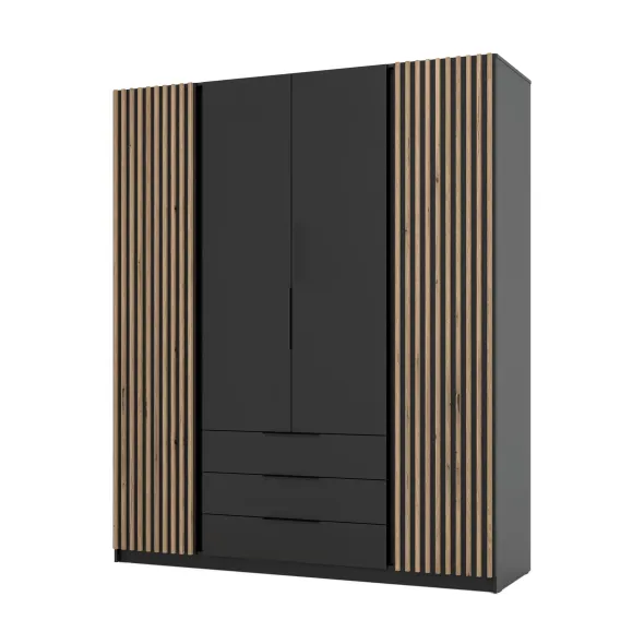 Dulap KAJA 4 Usi + 3 Sertare, BL/BL-EV 2LAM 2F 3S, 200x61.9x239 cm, Negru/Stejar Evoke picture - 2