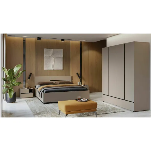 Set Dormitor Cross, Dulap 4 Usi si 2 Sertare 180x60x210 h cm, Pat 160x200 cm, 2 noptiere - 55x40x40 cm, Pal Laminat, Beige Congo/Negru picture - 1