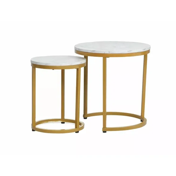 Set Masute Cafea Shelby 223, Ø45x48 cm + Ø32x42 cm, Metal/Pal Laminat, Auriu/Alb Marmura picture - 1