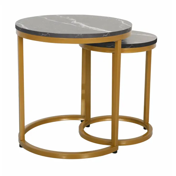 Set Masute de Cafea Nestin, Ø45x48 cm + Ø32x42 cm, Metal/MDF, Auriu/Negru Marmura picture - 1
