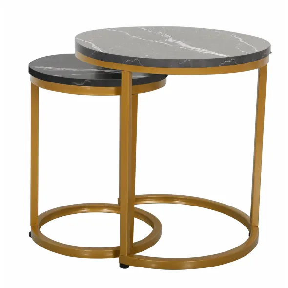 Set Masute de Cafea Nestin, Ø45x48 cm + Ø32x42 cm, Metal/MDF, Auriu/Negru Marmura picture - 2