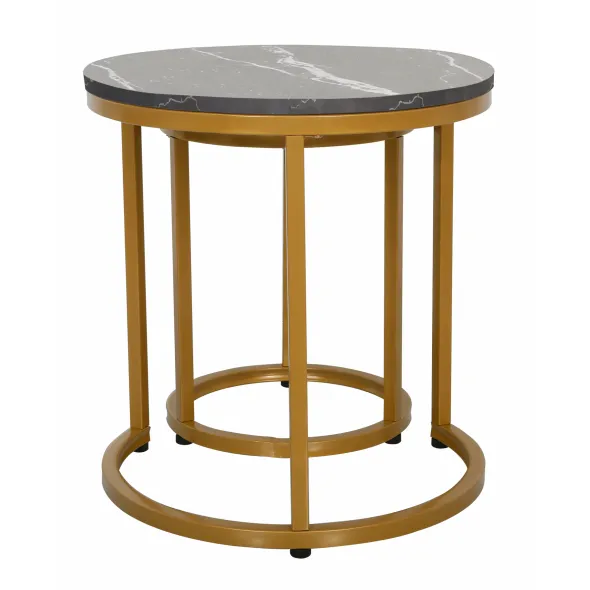 Set Masute de Cafea Nestin, Ø45x48 cm + Ø32x42 cm, Metal/MDF, Auriu/Negru Marmura picture - 4
