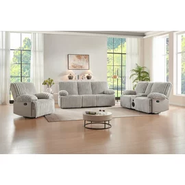 Set Canapele cu Recliner Siete 3RR + 2RR + Fotoliu 1R, Stofa Raiata, Beige